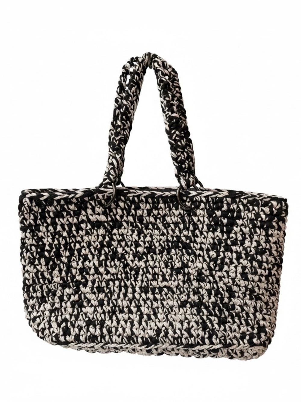 Black & White Woven Tote Bag with Braided Handles